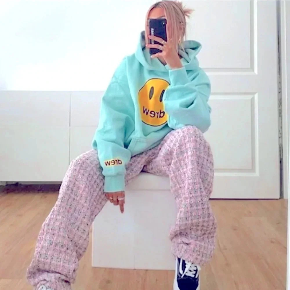 DREW Mint Green Smiley Logo Hoodie with Yellow Graphic